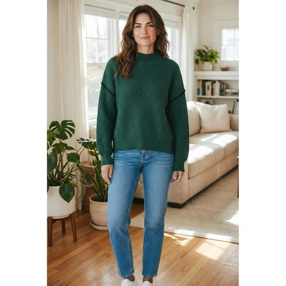 Blu Pepper Womens Green Black Two Tone Shaker Knit Mock Neck Sweater Size M - Picture 2 of 5